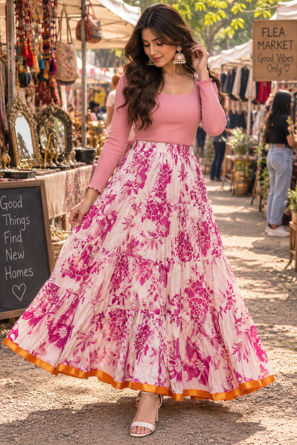 Elegant Floral White Pink Skirt - Indian Dress House 786