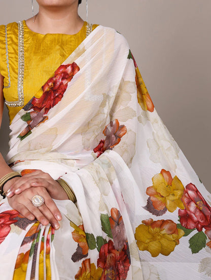 Elegant Floral White YNF Saree - Indian Dress House 786