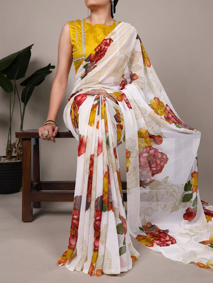 Elegant Floral White YNF Saree - Indian Dress House 786