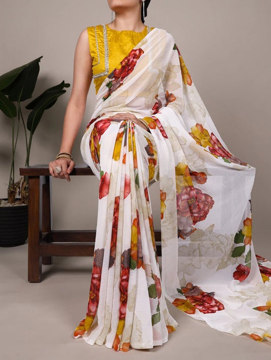 Elegant Floral White YNF Saree - Indian Dress House 786