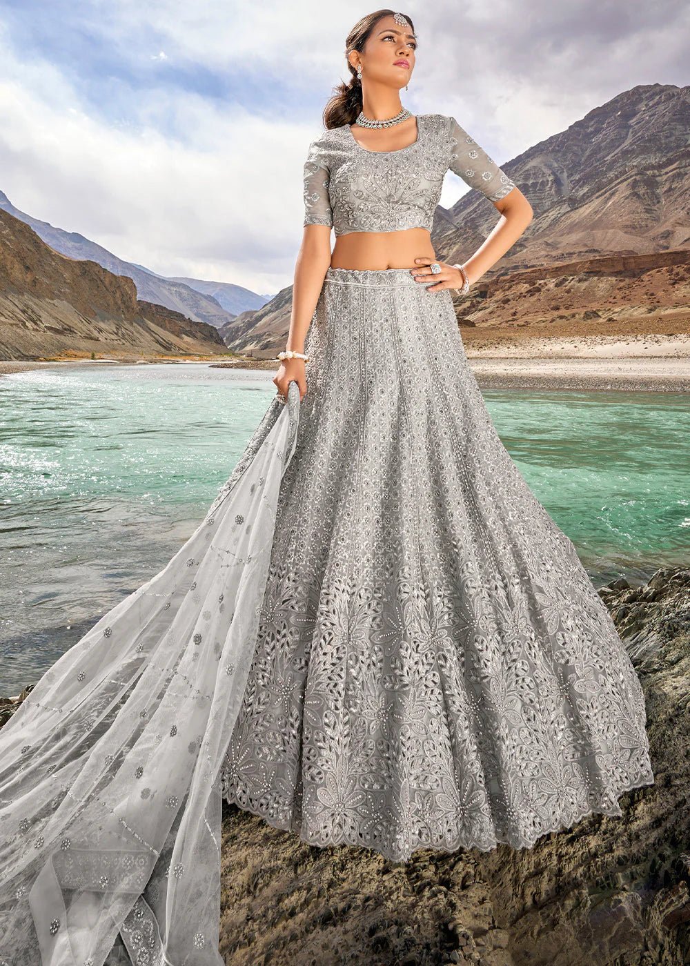 Elegant Grey Floral MNL - Indian Dress House 786