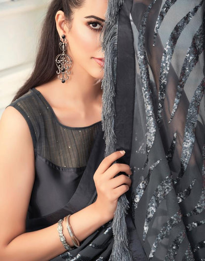 Elegant Grey Sequined TFHS Saree - Indian Dress House 786