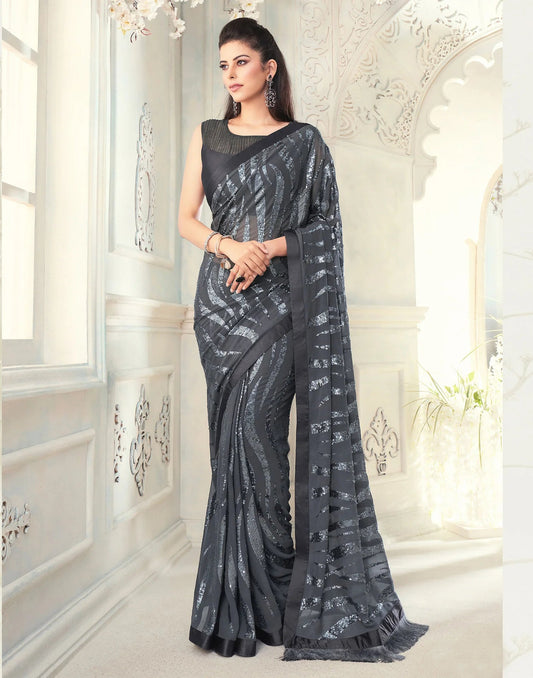 Elegant Grey Sequined TFHS Saree - Indian Dress House 786