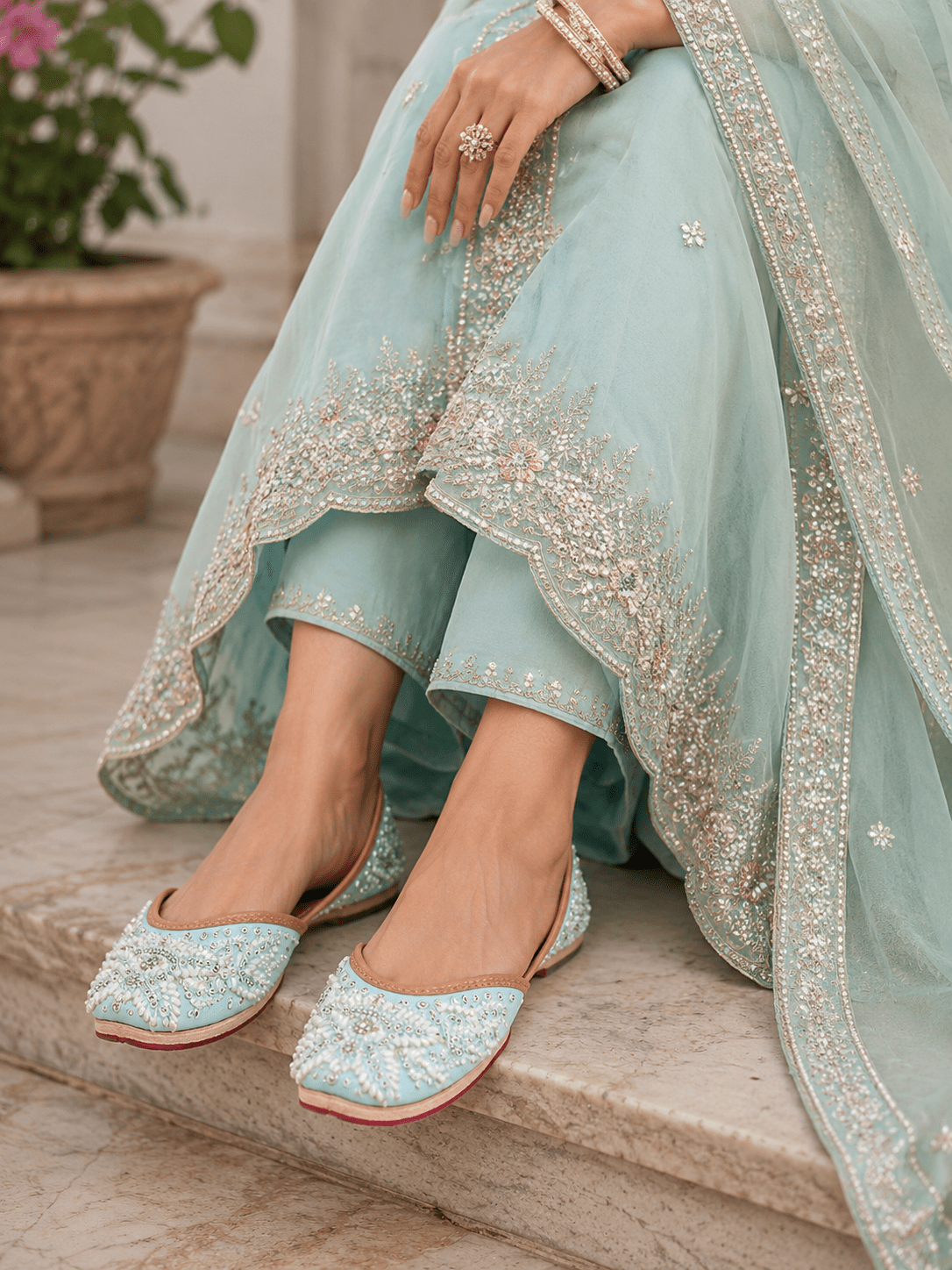 Elegant Light Floral Blue Pearled JTS - Indian Dress House 786