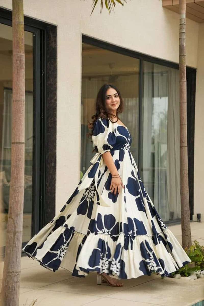 Elegant Navy Blue & White Digital Printed DV 801 FVD - Indian Dress House 786
