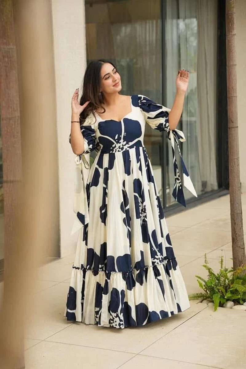 Elegant Navy Blue & White Digital Printed DV 801 FVD - Indian Dress House 786