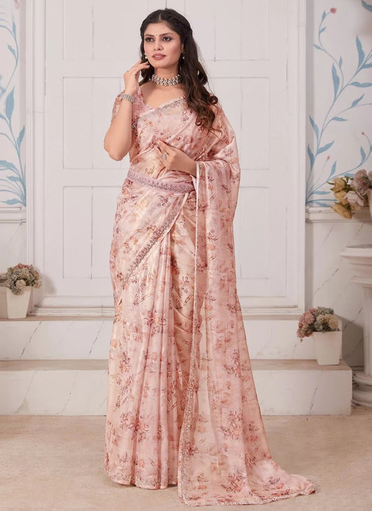 Elegant Peach Floral MH 696 Saree - Indian Dress House 786