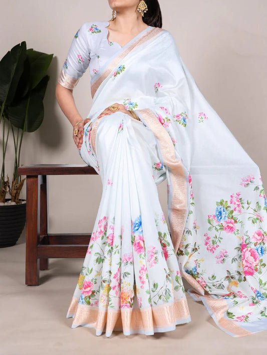 Elegant Sky Blue Floral TYNF Saree - Indian Dress House 786
