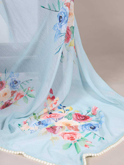 Elegant Sky Blue Floral YNF Saree - Indian Dress House 786