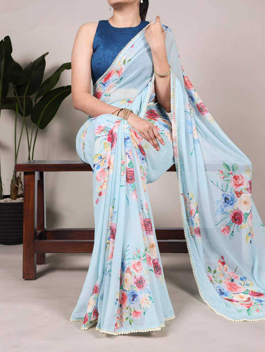 Elegant Sky Blue Floral YNF Saree - Indian Dress House 786