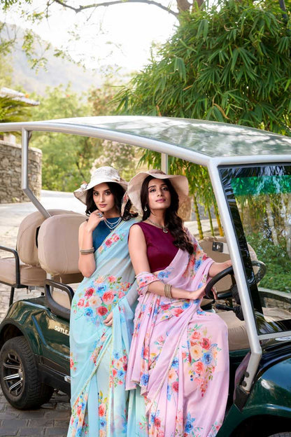 Elegant Sky Blue Floral YNF Saree - Indian Dress House 786