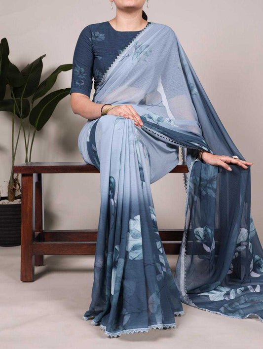 Elegant Two Tone Blue Floral YNF Saree - Indian Dress House 786