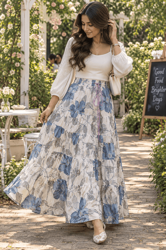 Elegant White & Blue Floral Skirt - Indian Dress House 786