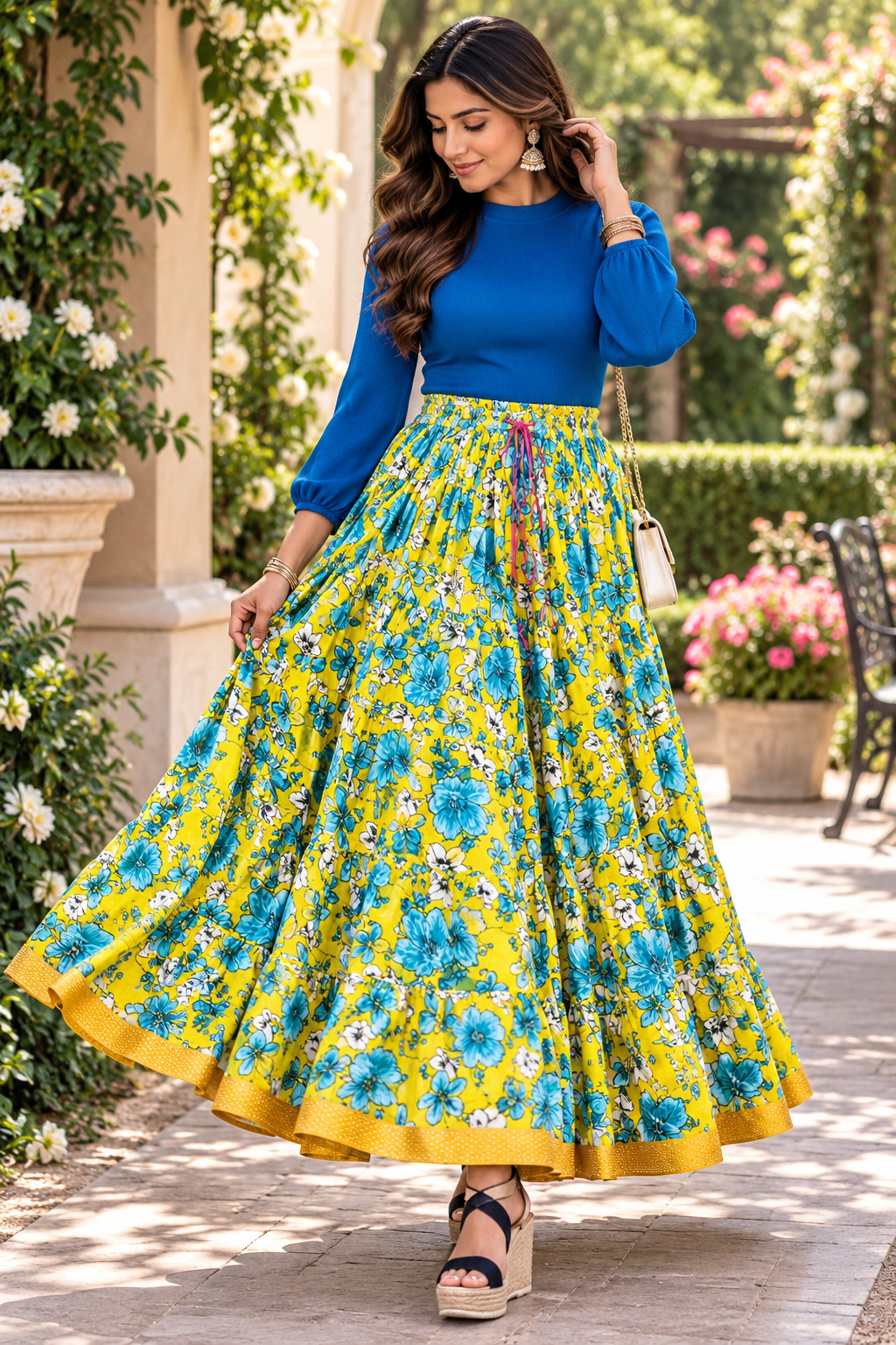Elegant Yellow & Blue Floral Skirts - Indian Dress House 786
