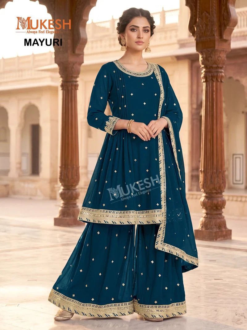 Embroidered Faux Georgette Sharara Set with Dupatta MM FVD - Indian Dress House 786