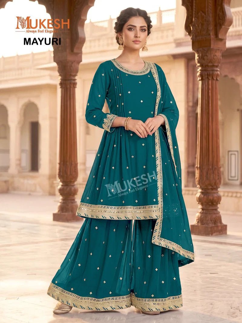 Embroidered Faux Georgette Sharara Set with Dupatta MM FVD - Indian Dress House 786