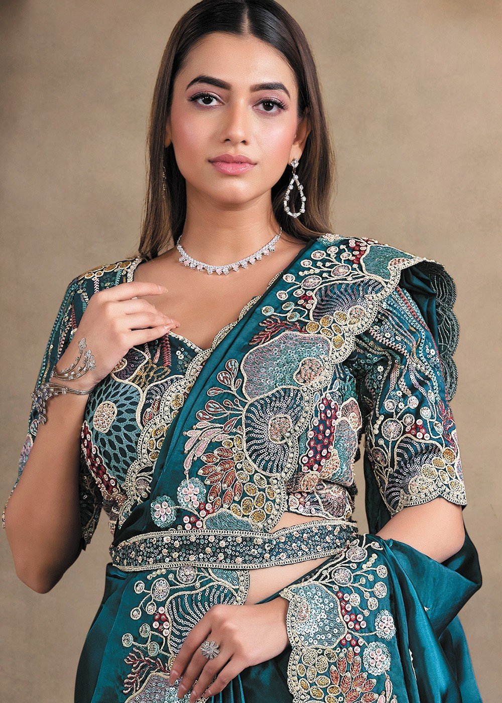 Exquisite Floral Blue MHR Saree - Indian Dress House 786