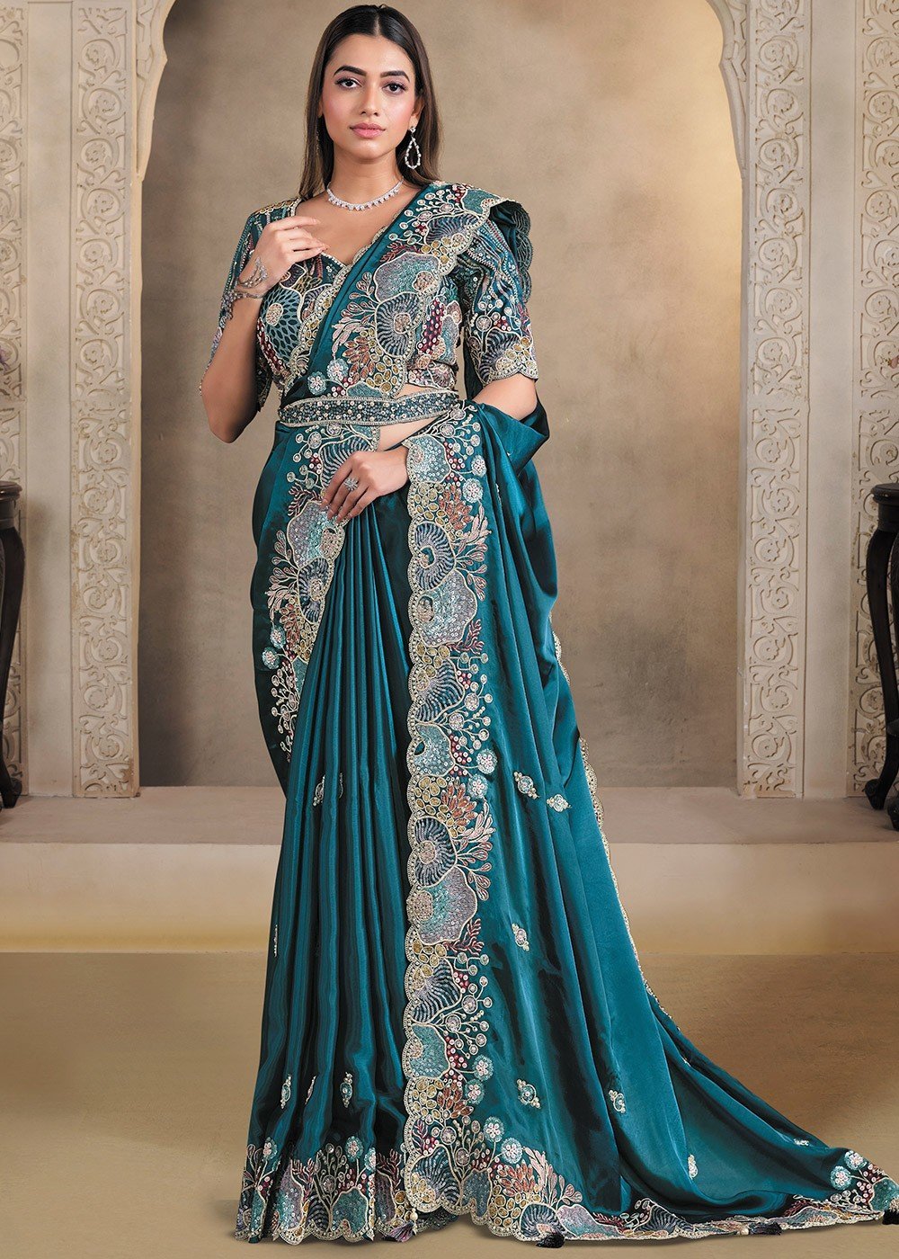 Exquisite Floral Blue MHR Saree - Indian Dress House 786