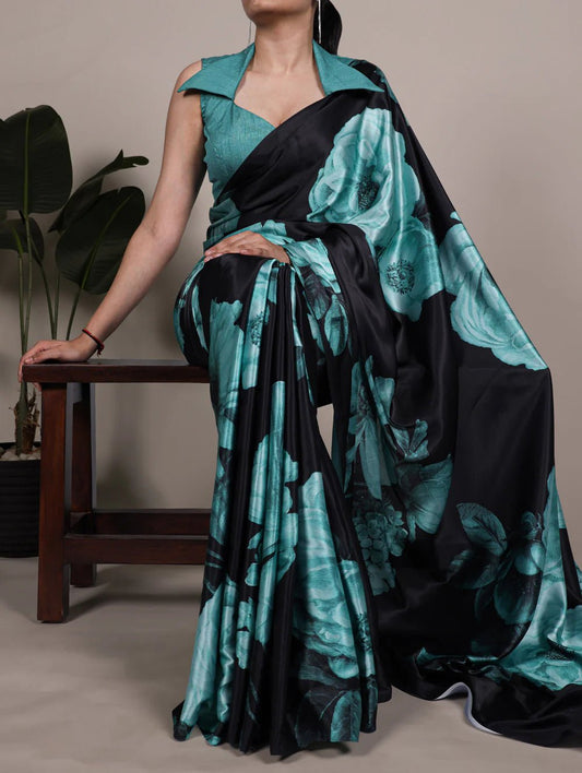 Exquisite Teal & Black YNF Saree - Indian Dress House 786
