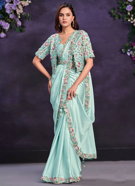 Floral Baby Blue MMR Saree - Indian Dress House 786