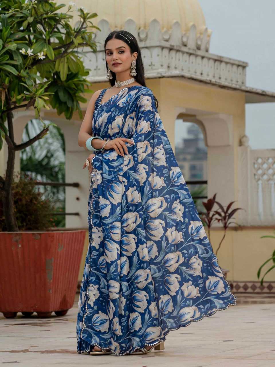 Floral Blue KES Saree - Indian Dress House 786