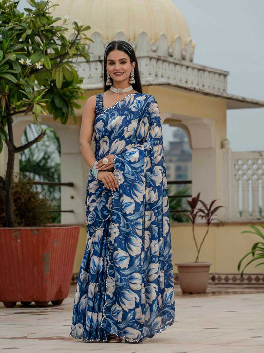 Floral Blue KES Saree - Indian Dress House 786