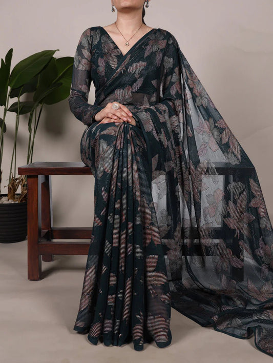 Floral Bottle Green YS Saree - Indian Dress House 786