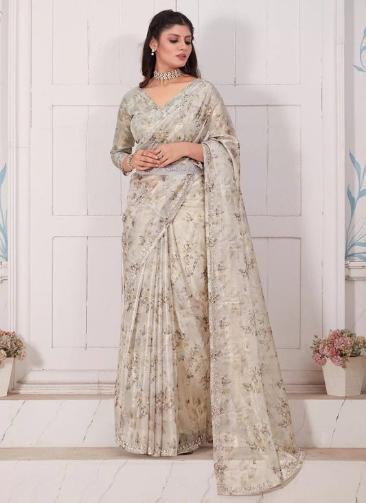 Floral Cream MH 696 Saree - Indian Dress House 786