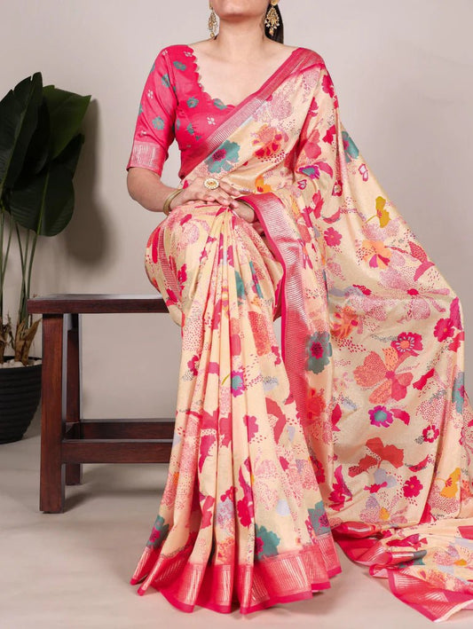Floral Cream & PR TYNF Saree - Indian Dress House 786