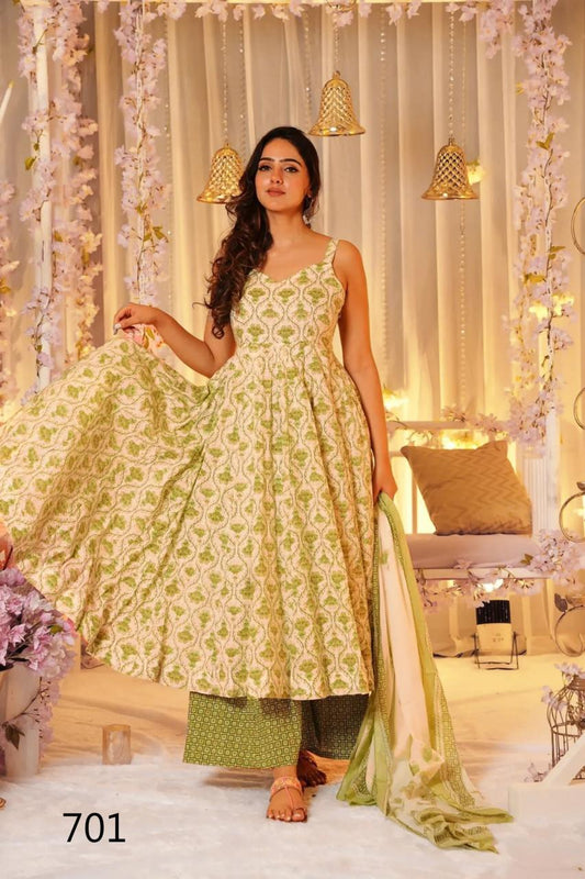 Floral Green & Cream LC 701 FVD - Indian Dress House 786