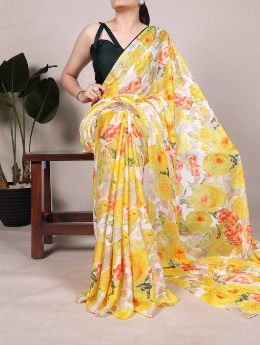 Floral Lemon Yellow YNF Saree - Indian Dress House 786