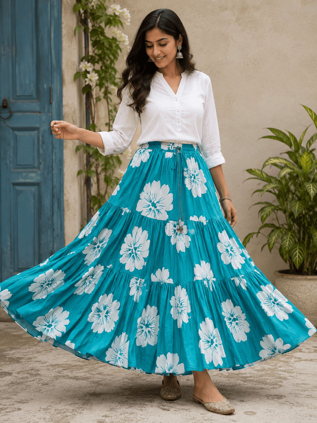 Floral Light Blue Skirt - Indian Dress House 786
