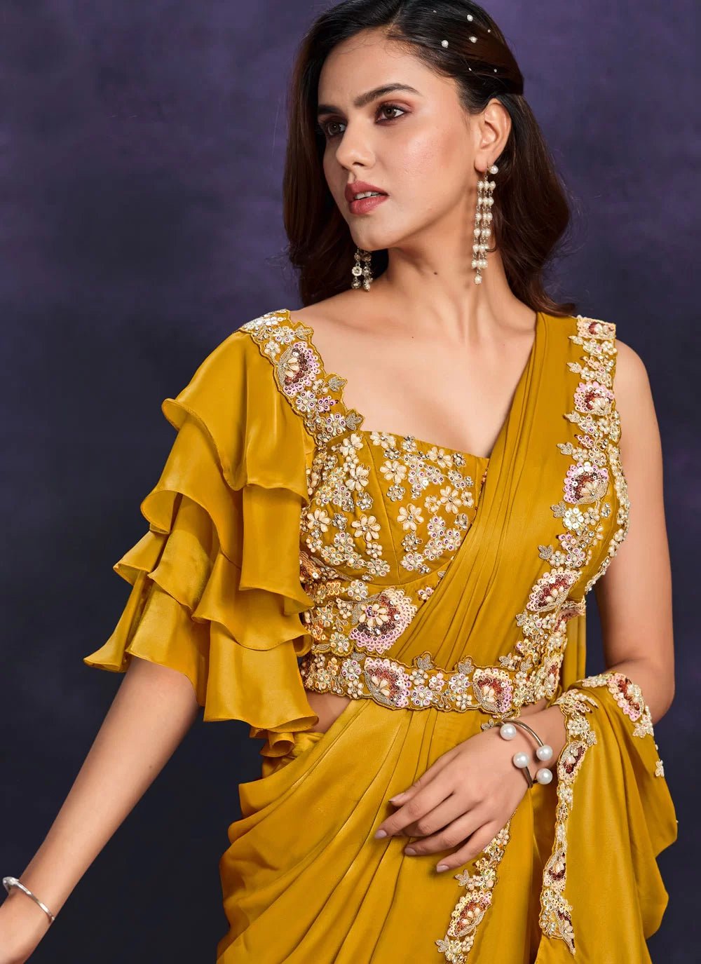 Floral Mustard MMR Saree - Indian Dress House 786