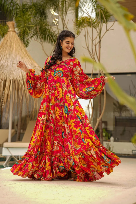 Floral Red & Yellow MC LC 11007 FVD - Indian Dress House 786