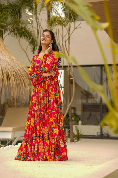Floral Red & Yellow MC LC 11007 FVD - Indian Dress House 786