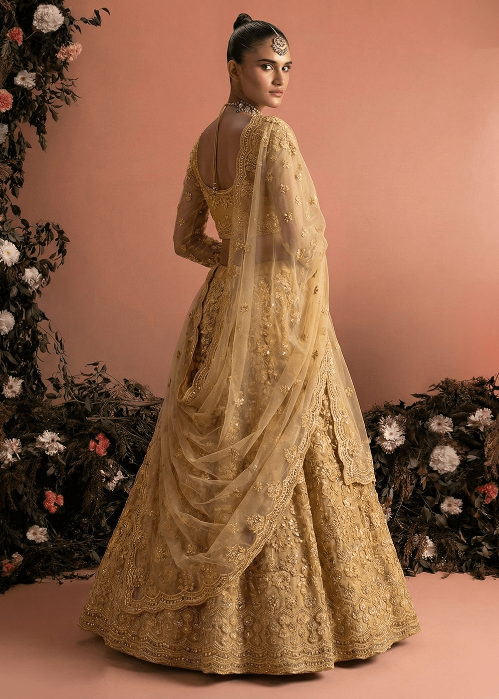 Golden Beige Floral AZBL - Indian Dress House 786