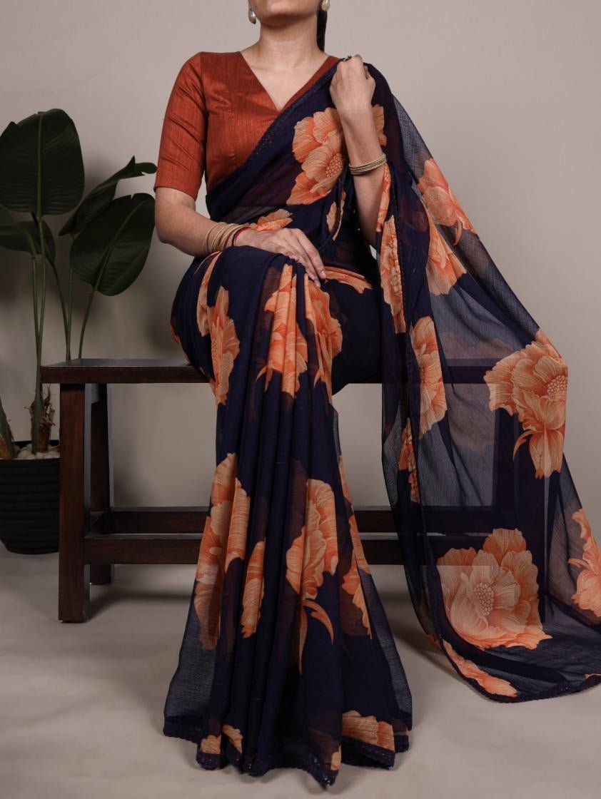Gorgeous Black & Orange Floral YNF Saree - Indian Dress House 786
