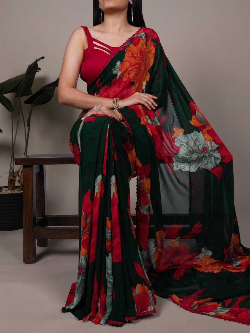 Gorgeous Black & Red Grey YNF Saree - Indian Dress House 786