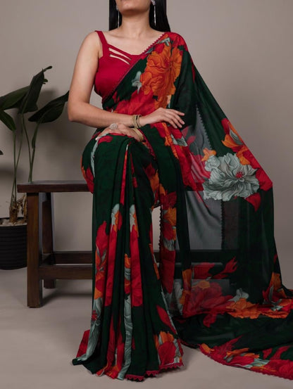 Gorgeous Black & Red Grey YNF Saree - Indian Dress House 786