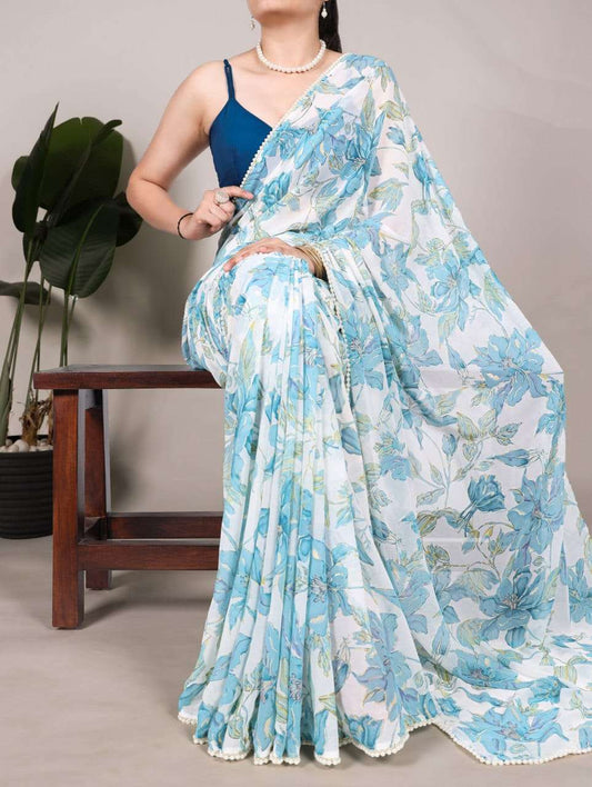 Gorgeous Blue Floral YNF Saree - Indian Dress House 786