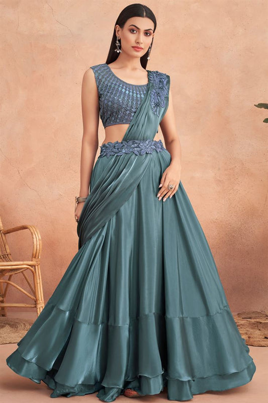 Gorgeous Blue L/S Saree - Indian Dress House 786