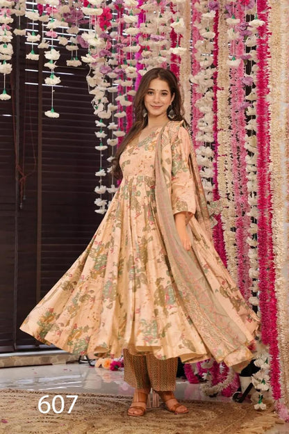 Gorgeous Cream Peach Floral LC 607 FVD - Indian Dress House 786