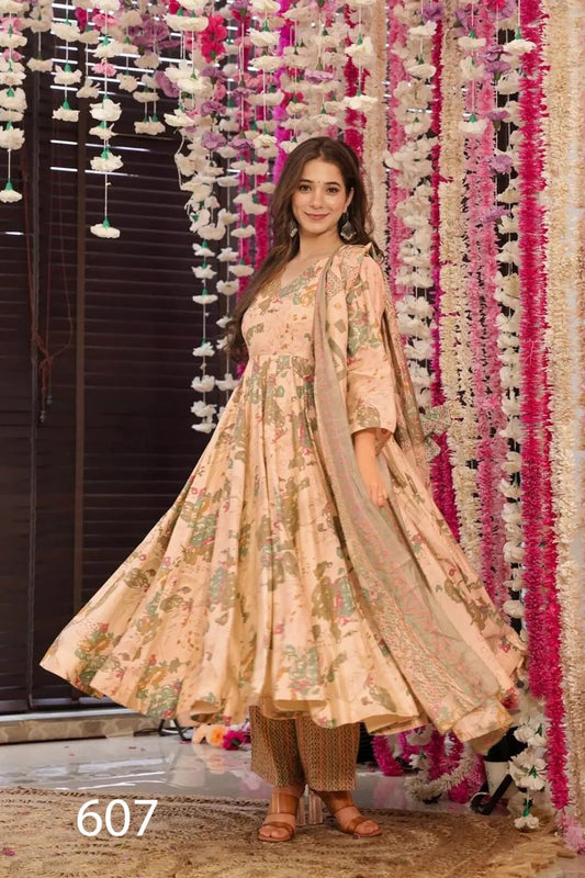 Gorgeous Cream Peach Floral LC 607 FVD - Indian Dress House 786