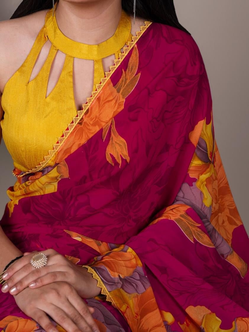 Gorgeous Fiery Orange Floral YNF Saree - Indian Dress House 786