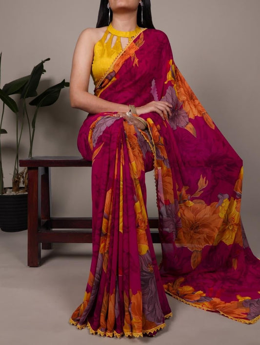 Gorgeous Fiery Orange Floral YNF Saree - Indian Dress House 786
