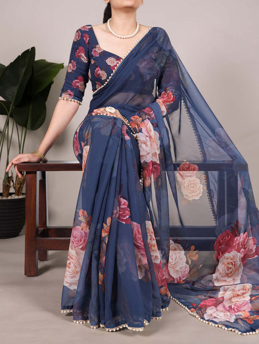 Gorgeous Floral Blue Saree - Indian Dress House 786