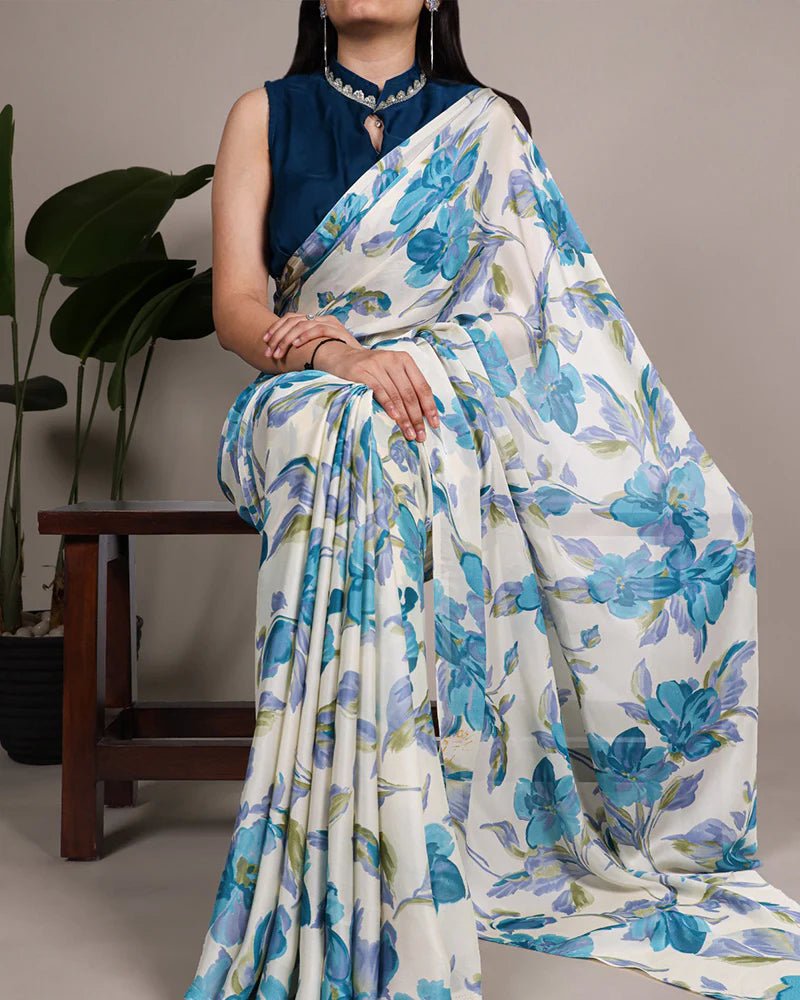 Gorgeous Floral Blue YNF Saree - Indian Dress House 786