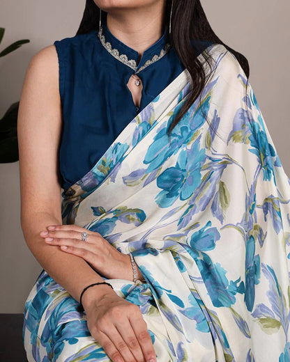 Gorgeous Floral Blue YNF Saree - Indian Dress House 786