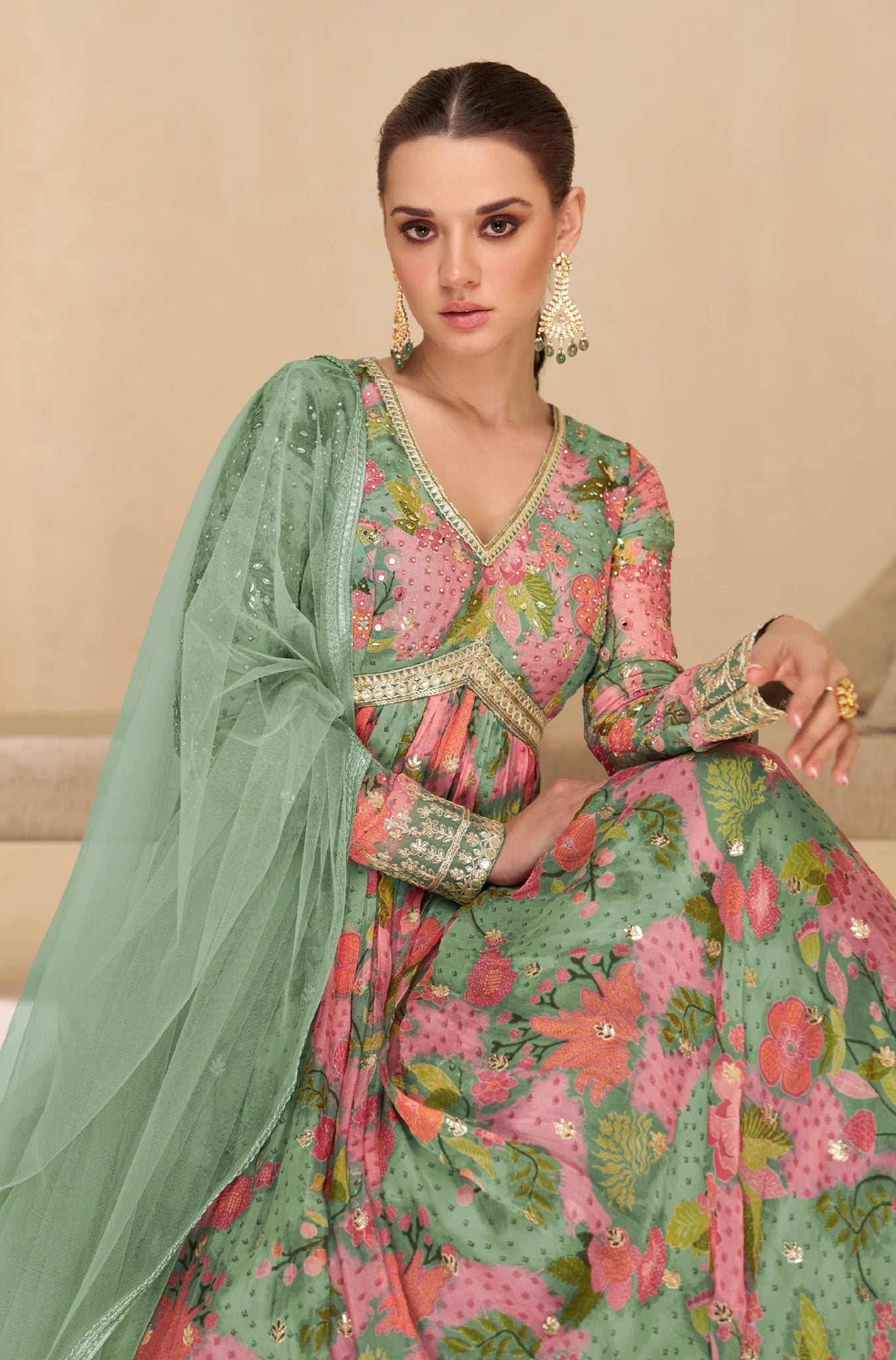 Gorgeous Floral Green SYN FSS - Indian Dress House 786