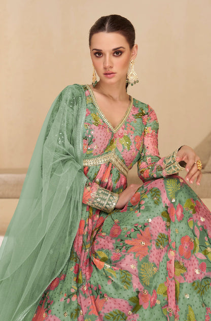 Gorgeous Floral Green SYN FSS - Indian Dress House 786
